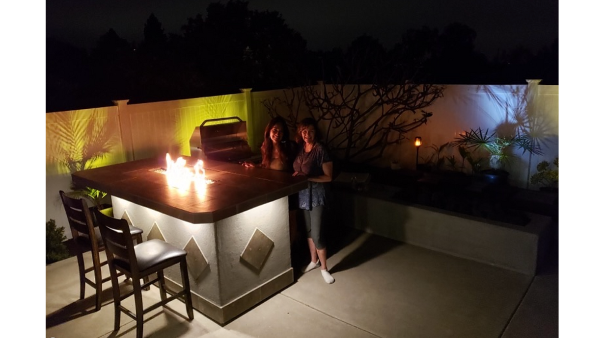 Kokomo Baja/Fire L-Shaped BBQ Island with Fire-pit, 4 Burner BBQ, Outdoor Refrigerator