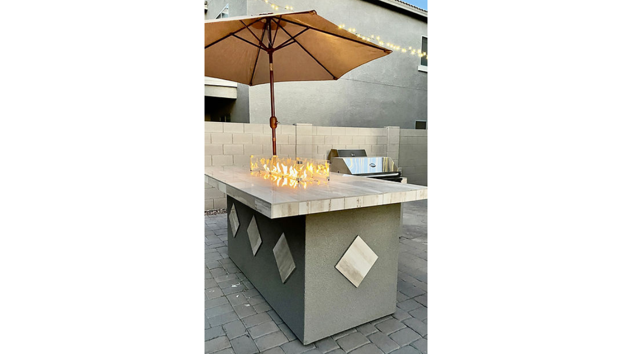 Kokomo Baja/Fire L-Shaped BBQ Island with Fire-pit, 4 Burner BBQ, Outdoor Refrigerator