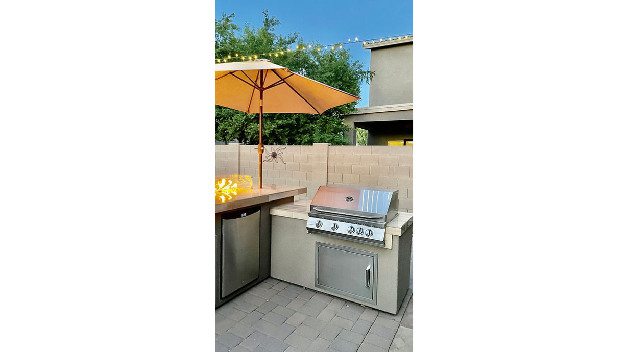 Kokomo Baja/Fire L-Shaped BBQ Island with Fire-pit, 4 Burner BBQ, Outdoor Refrigerator