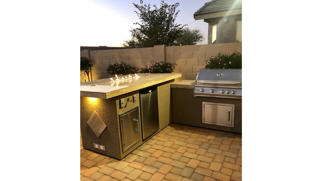 Kokomo Baja/Fire L-Shaped BBQ Island with Fire-pit, 4 Burner BBQ, Outdoor Refrigerator