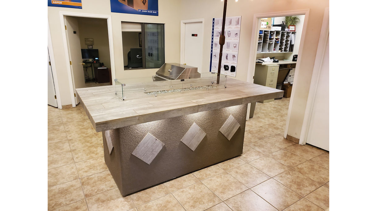 Kokomo Baja/Fire L-Shaped BBQ Island with Fire-pit, 4 Burner BBQ, Outdoor Refrigerator